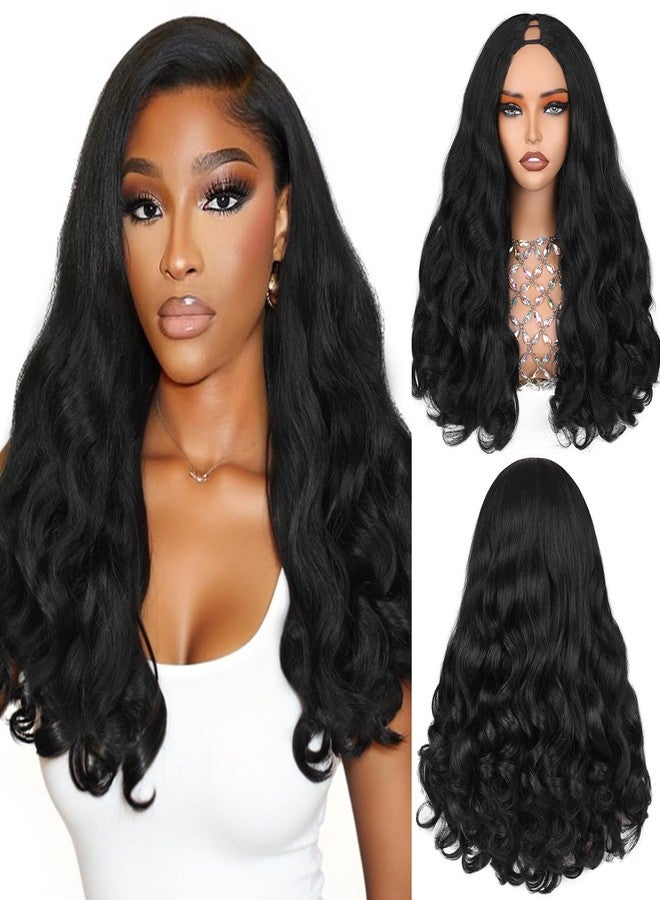 HANNE Yaki Curly V Part Wig U Part Synthetic Half Wigs for Black Women 22 Inch Heat-Resistant Hair Replacement Wig (Natural Black) - Image 1